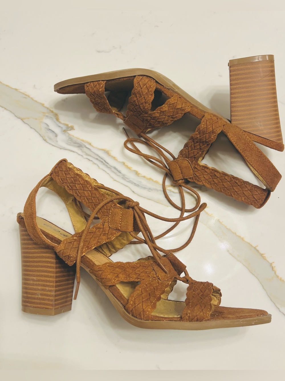 Diba Braided Lace-Up Block Heel Sandals in Cognac